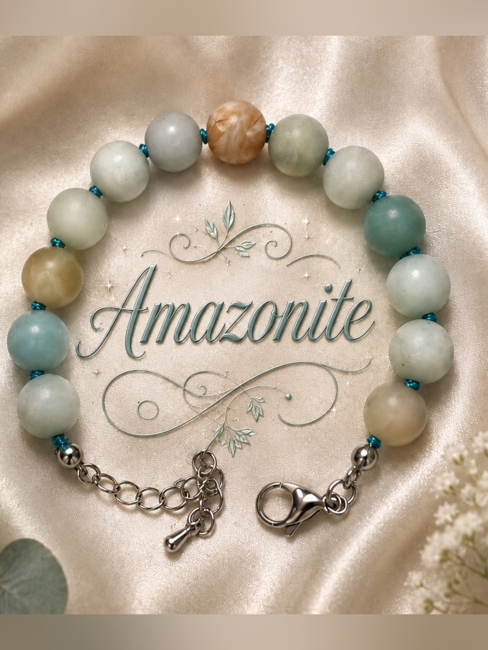 🆕😍🍁Amazonite Hand Knotted Bracelet in Soft Blue, Green & Cream